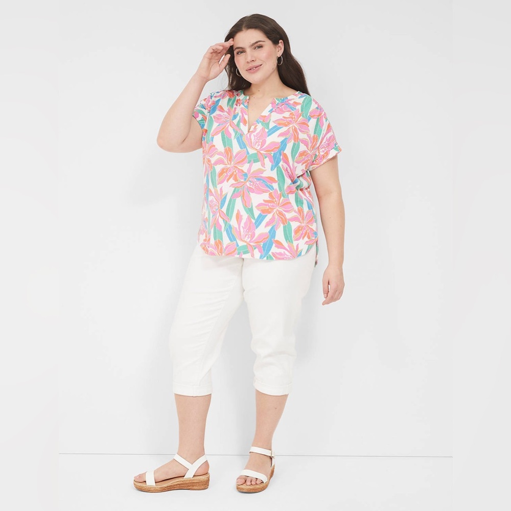 Lane Bryant Relaxed Multicolor Floral Gauze Notch-Neck Shirt